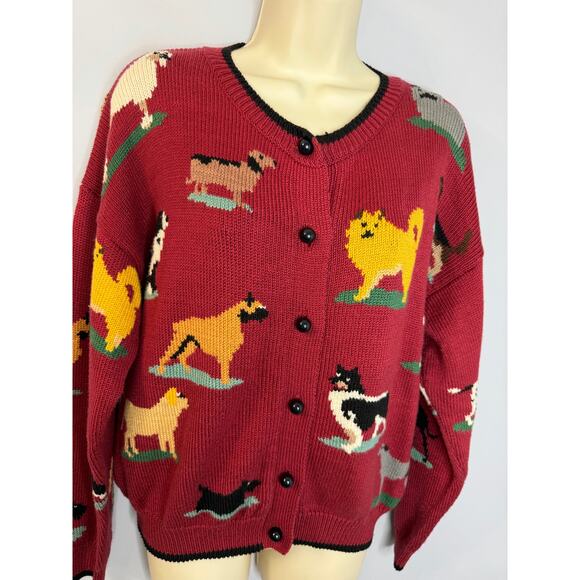VTG Christine Foley Dogs Knit Cardigan Sweater Women's S (1) Red 90s Dog Pets - Picture 7 of 13